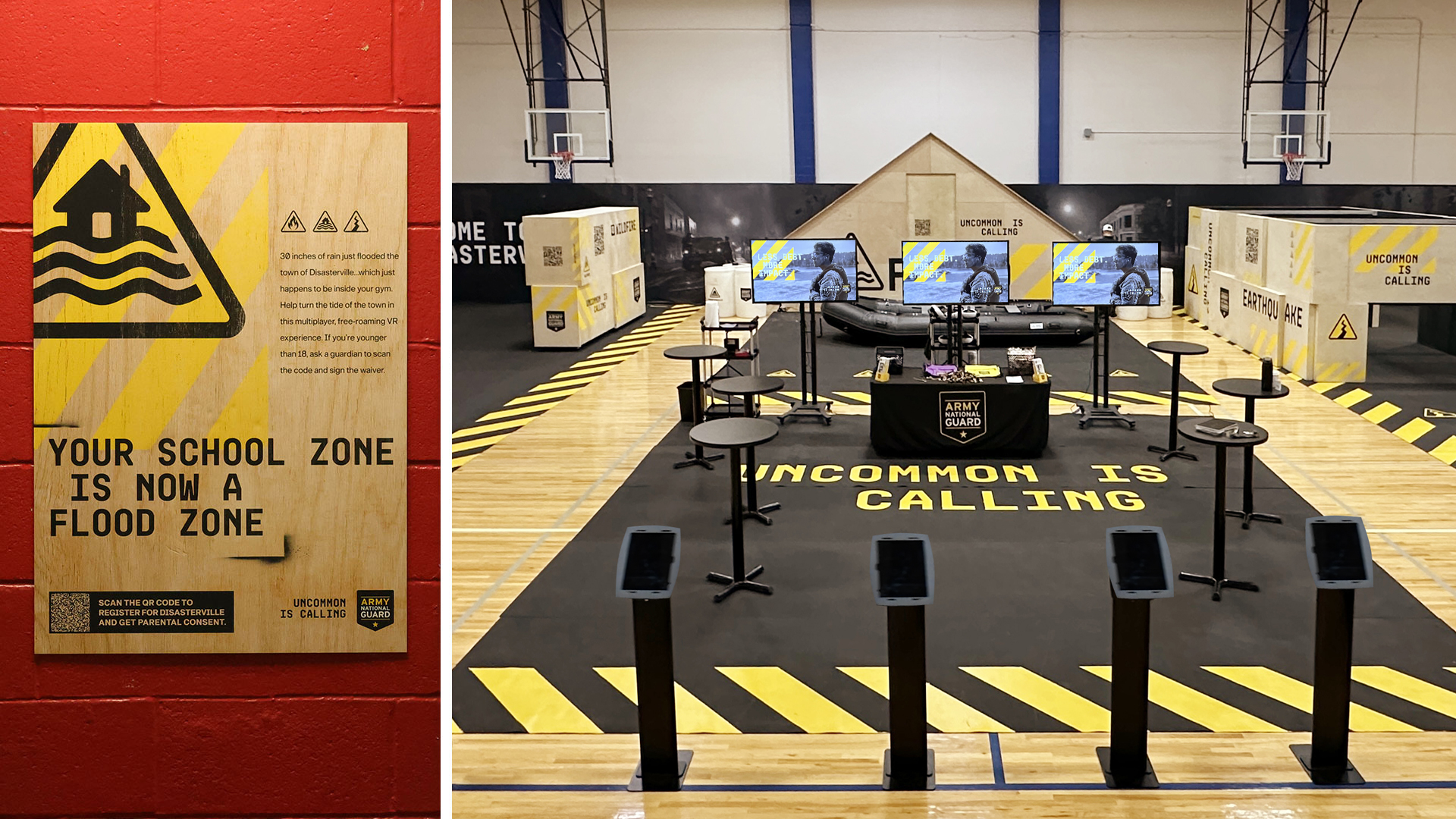 High school gym prepared for the Disasterville mixed-reality missions.