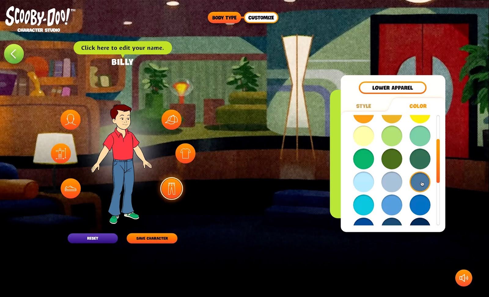 Character customization interface for the Scooby-Doo studio.