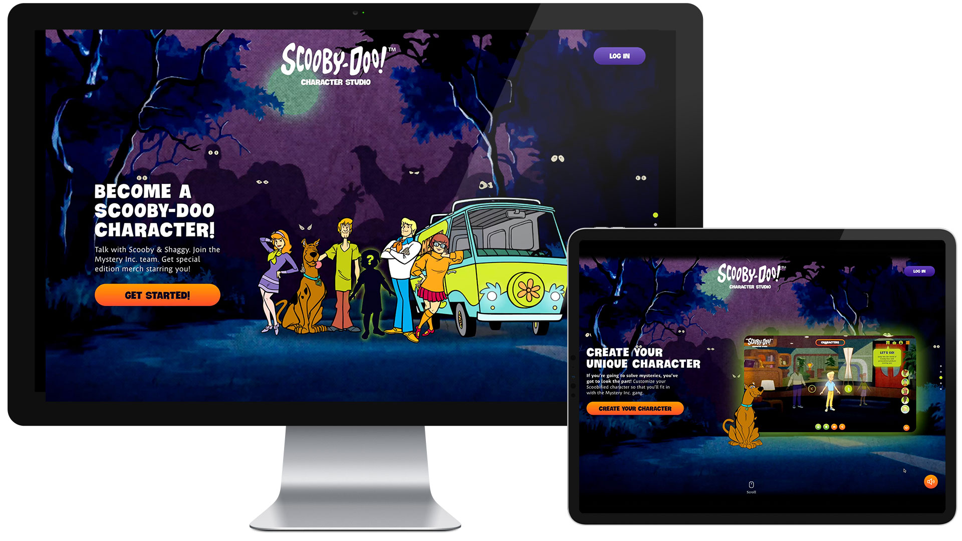 Scooby-Doo character builder shown on desktop and tablet layouts.