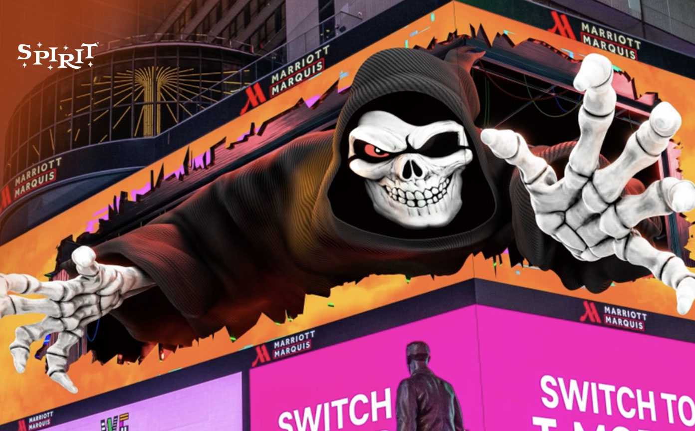 Jack Reaper breaking through the Spirit Halloween Times Square billboard.